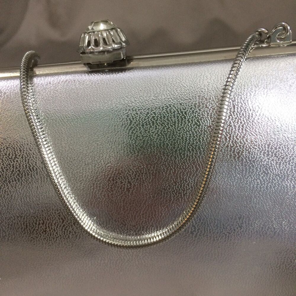 Vintage Silver Metallic Clutch Purse Rhinestone Clasp Evening Bag 1960s - Picture 5 of 5